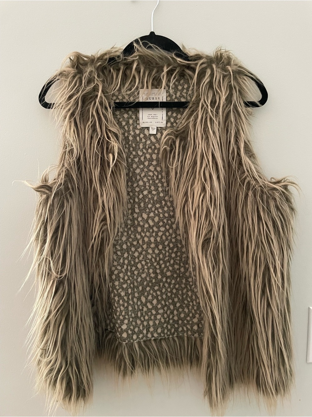 Guess Taupe Beige Faux Fur Vest with Patterned Knit Interior size S